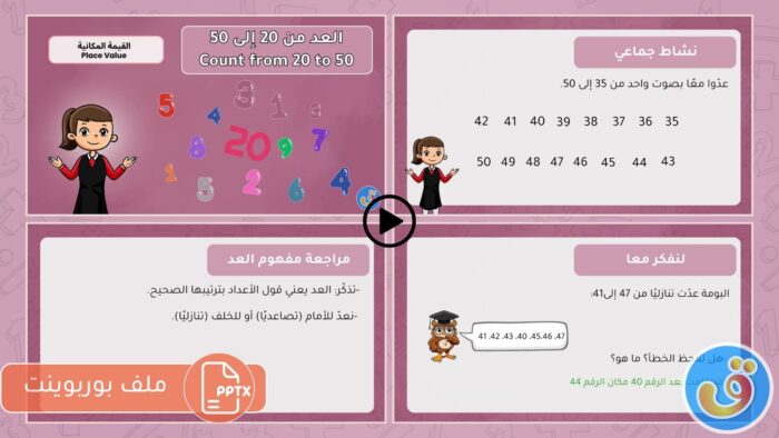 القيمة المكانية: العد من 20 إلى 50 - بوربوينت العد من 20 إلى 50