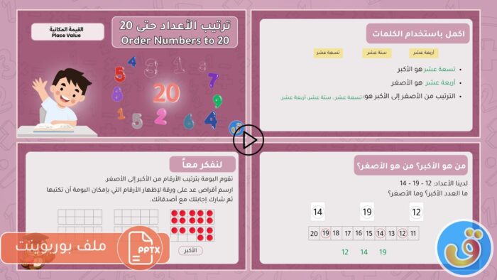 القيمة المكانية: ترتيب الأعداد حتى 20 - بوربوينت ترتيب الأعداد حتى 20