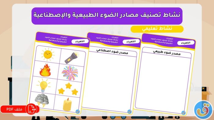 الكهرباء: نشاط تصنيف مصادر الضوء الطبيعية والاصطناعية