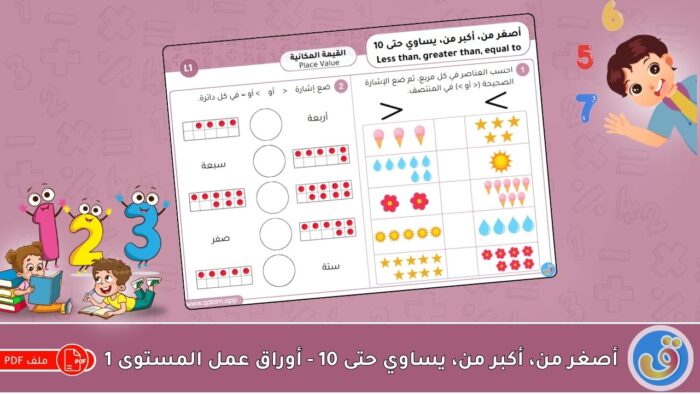 القيمة المكانية: أصغر من، أكبر من، يساوي حتى 10 - أوراق عمل المستوى 1