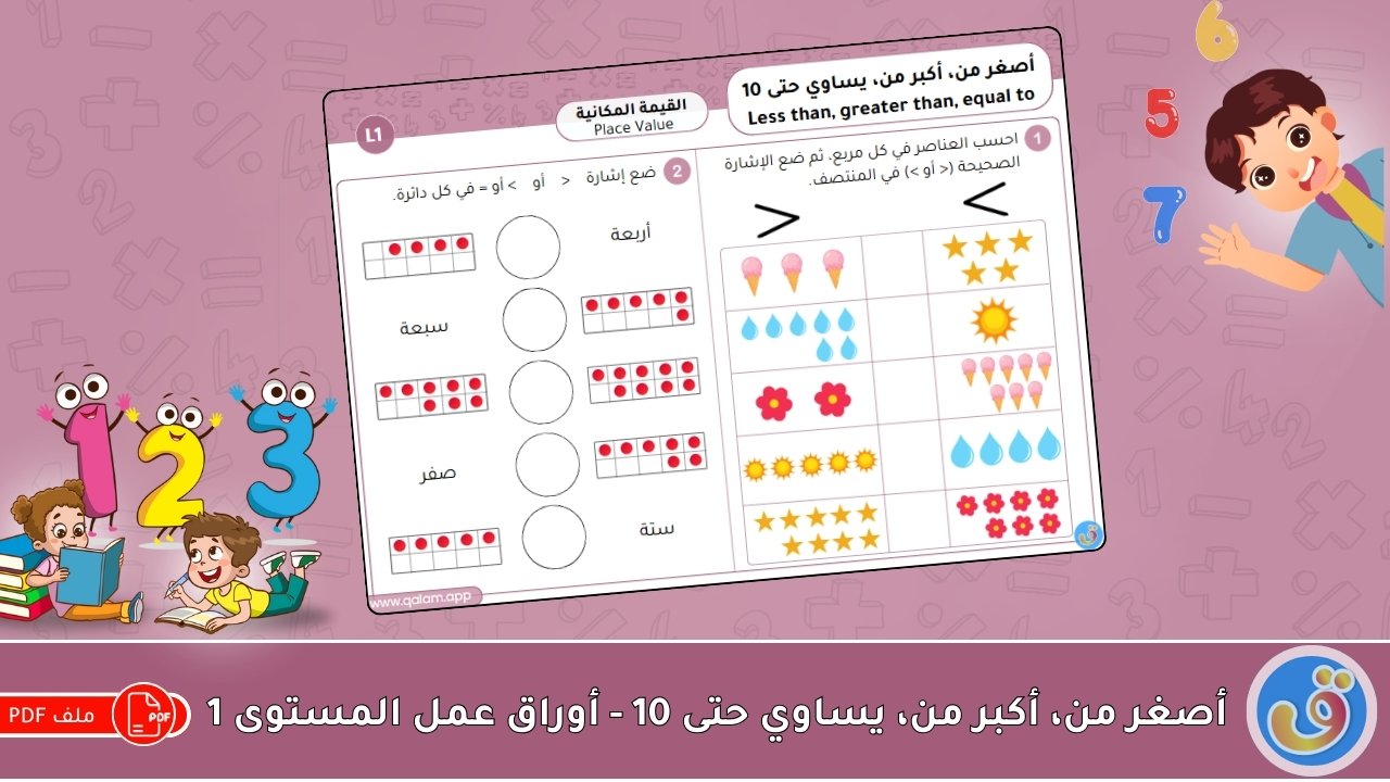 القيمة المكانية: أصغر من، أكبر من، يساوي حتى 10 - أوراق عمل المستوى 1