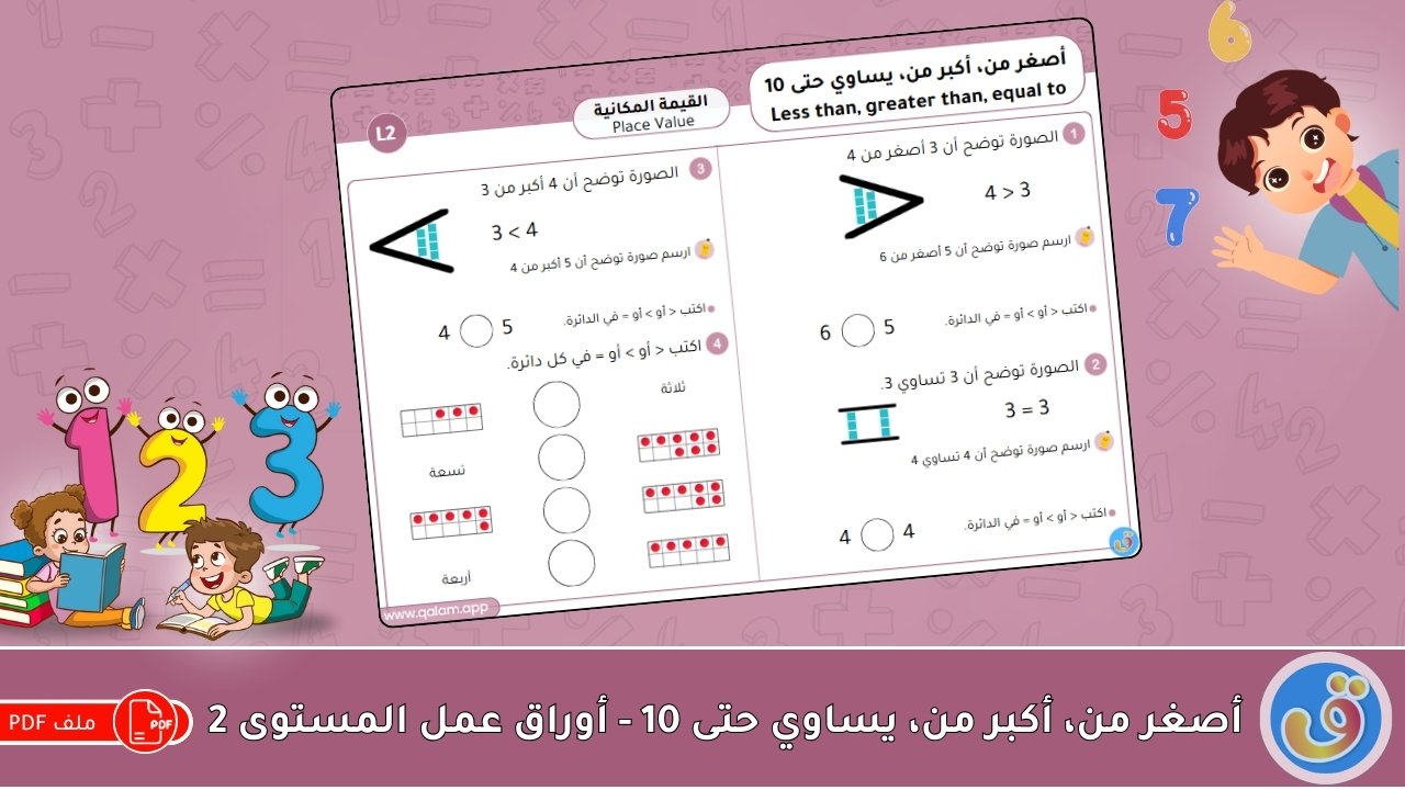 القيمة المكانية: أصغر من، أكبر من، يساوي حتى 10 - أوراق عمل المستوى 2