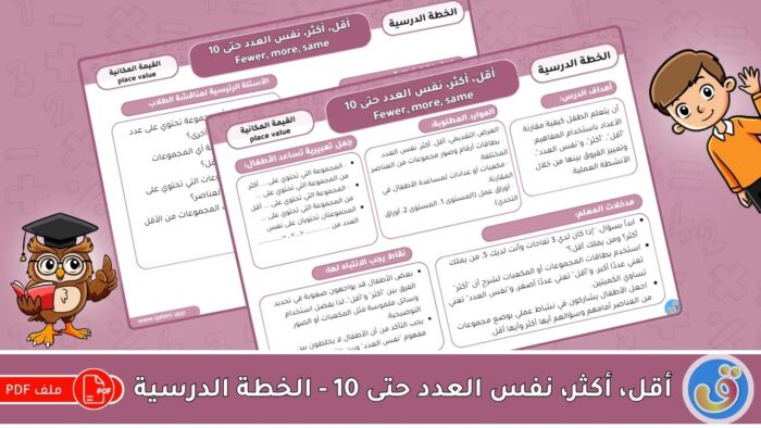 القيمة المكانية: أقل، أكثر، نفس العدد حتى 10 - الخطة الدرسية