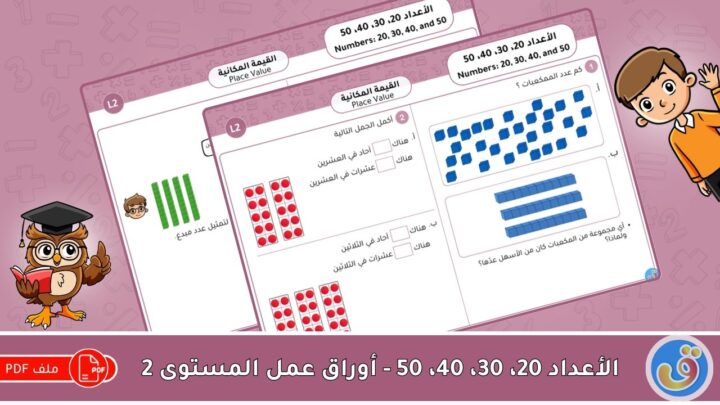 القيمة المكانية: الأعداد 20، 30، 40، 50 - أوراق عمل المستوى 2