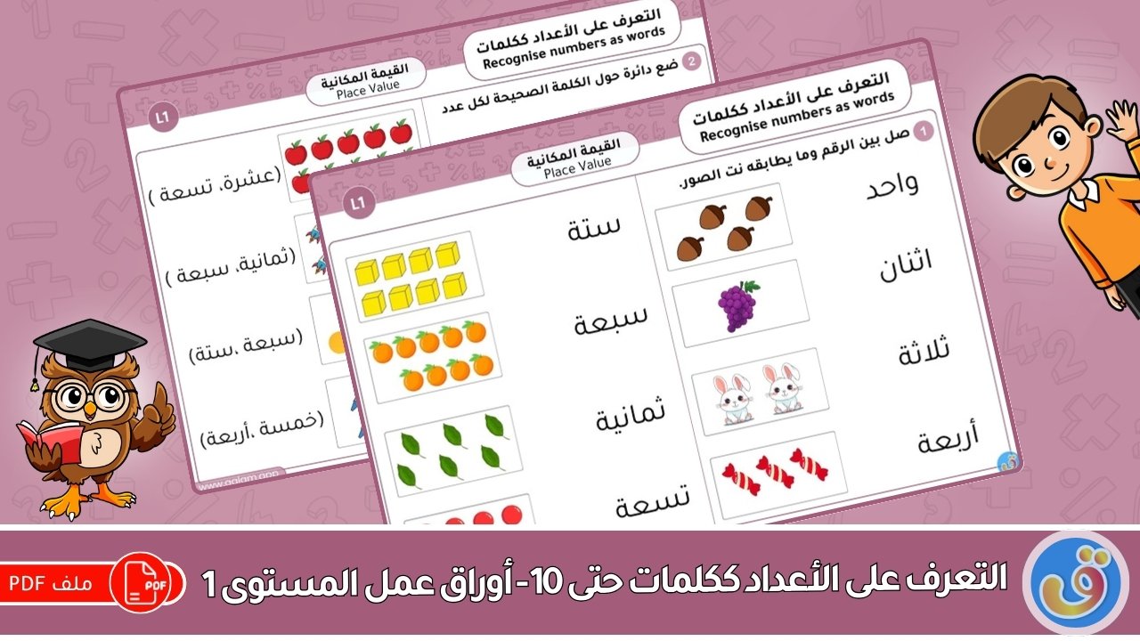 القيمة المكانية: التعرف على الأعداد ككلمات حتى 10 - أوراق عمل المستوى 1