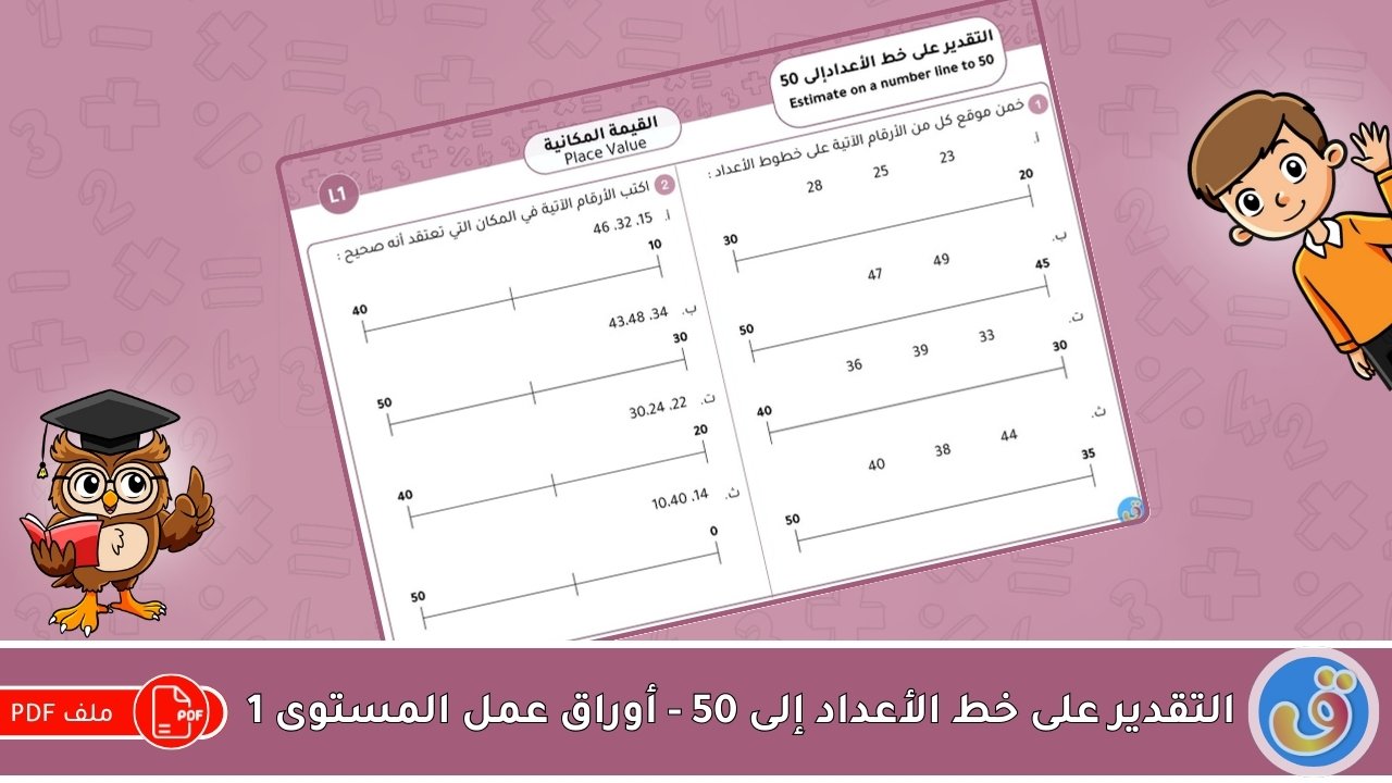 القيمة المكانية: التقدير على خط الأعداد إلى 50 - أوراق عمل المستوى 1