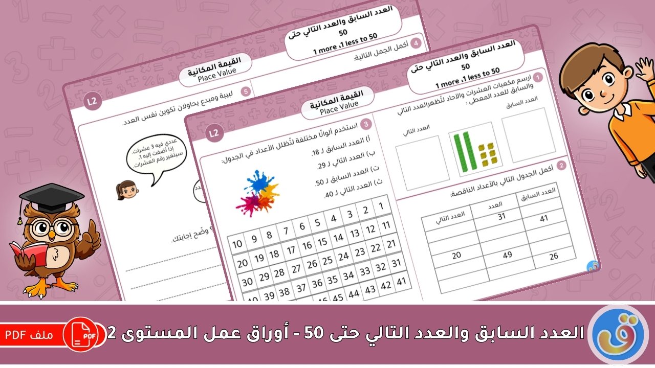 القيمة المكانية: العدد السابق والعدد التالي حتى 50 - أوراق عمل المستوى 2