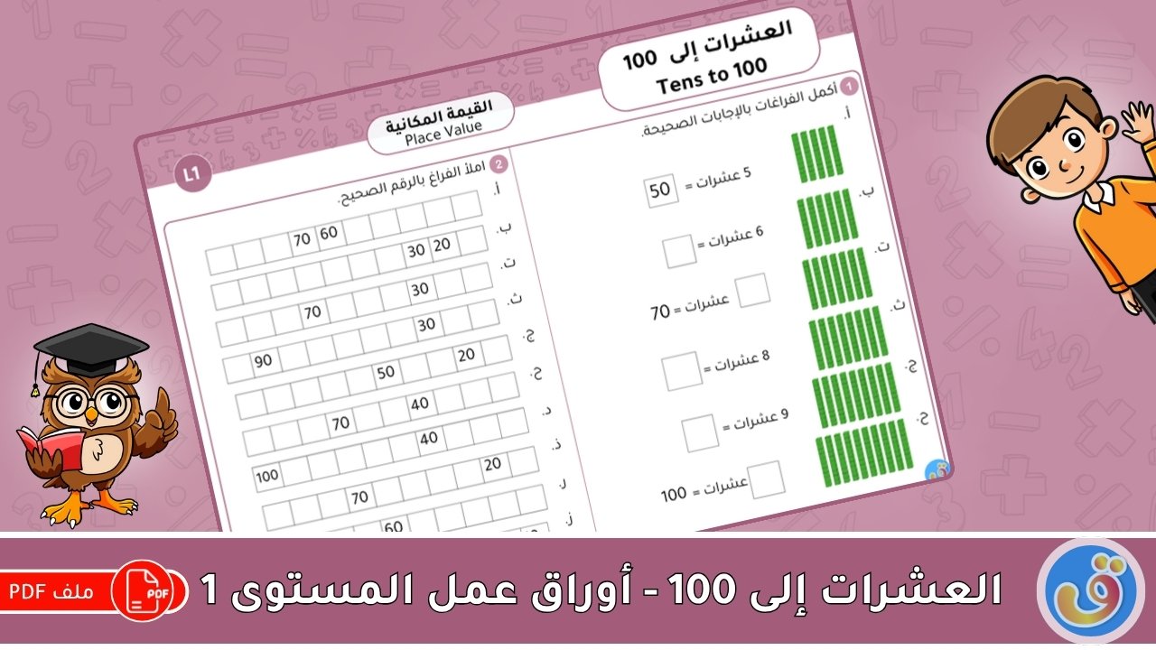 القيمة المكانية: العشرات إلى 100-أوراق عمل المستوى 1