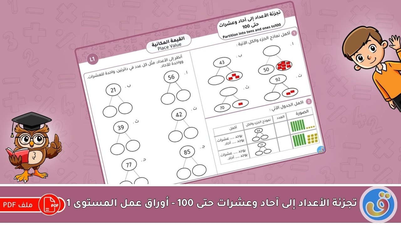 القيمة المكانية: تجزئة الأعداد إلى آحاد وعشرات حتى 100 - أوراق عمل المستوى 1