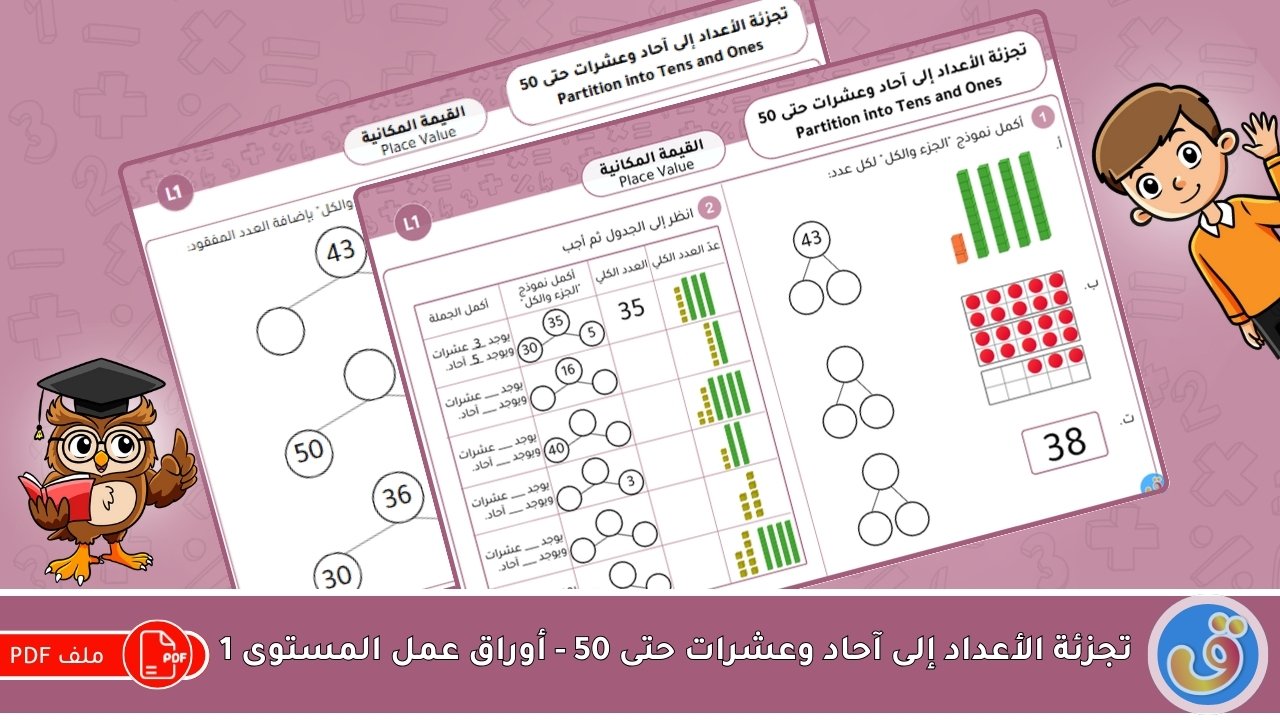 القيمة المكانية: تجزئة الأعداد إلى آحاد وعشرات حتى 50 - أوراق عمل المستوى 1