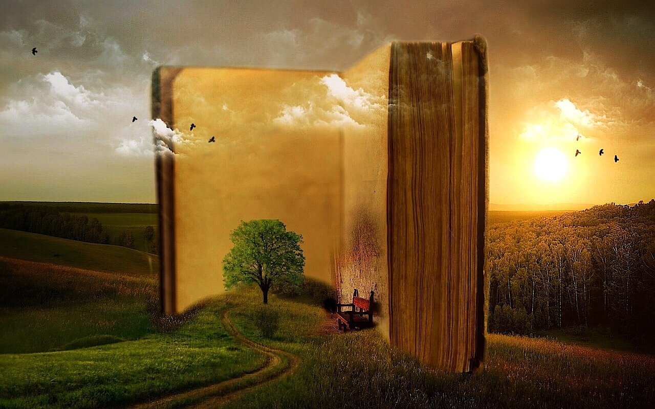 book, old, surreal, fantasy, pages, open book, chapters, tree, path, fields, meadows, story, story book, photomontage, photo manipulation, nature, clouds, landscape, old book, read, antique, study, antiquarian, leather back